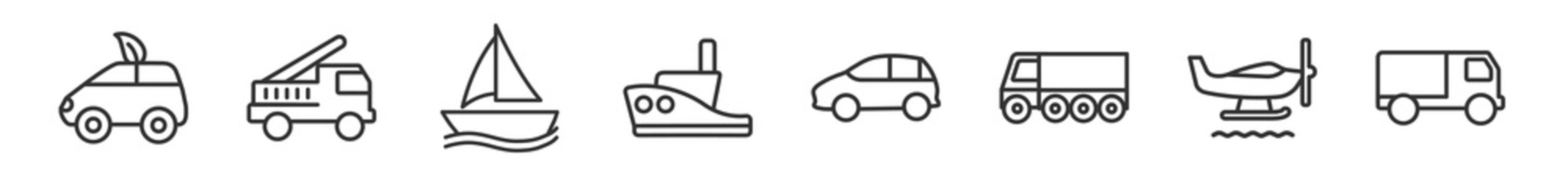 outline set of transportation line icons. linear vector icons such as eco-friendly transport, fire truck, sailboat, tugboat, hatchback, truck. vector illustration.