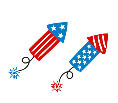 Firecracker by July 4th in national colors of United States of America. Petard for USA Independence or Election Day. Hand drawn Vector illustration for a festive decoration in doodle style.