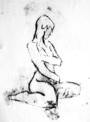 Drypoint etching nude female model sitting on the floor, black & white drawing.