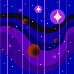 seamless abstract background with the image of outer space, stars, planets in dark purple and pink tones for the design of the interiors of thematic halls, clubs, discos, halls, prints on fabrics