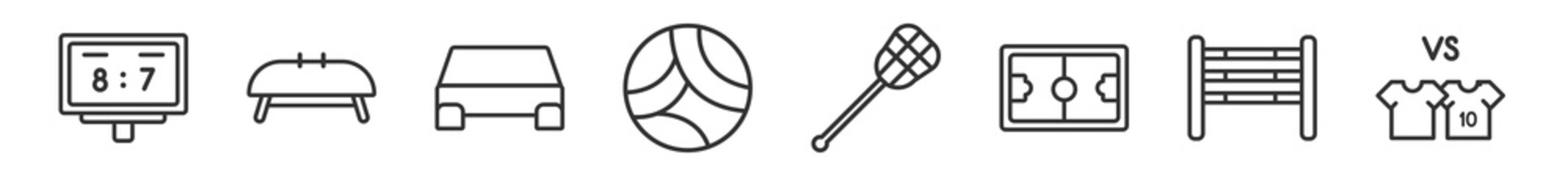 outline set of sport line icons. linear vector icons such as scoreboard, gymnastics, aerobics, volleyball, lacrosse, match. vector illustration.
