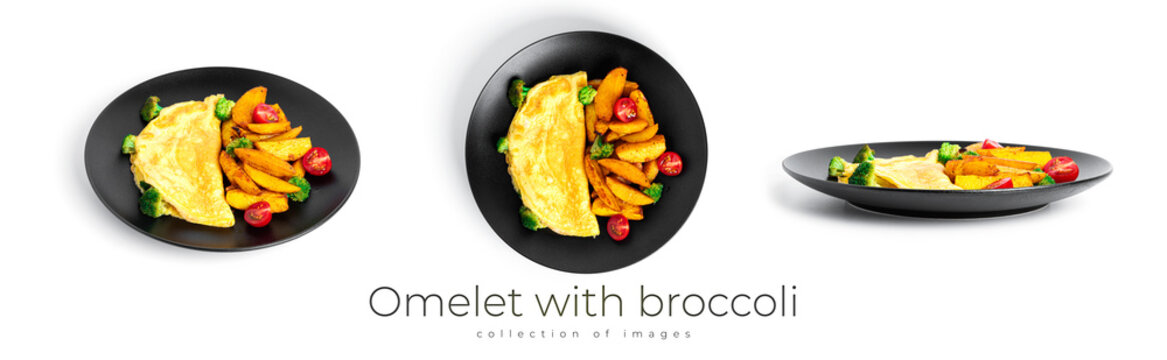 Omelet With Broccoli And Baked Potatoes Isolated On A White Background.