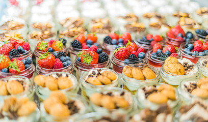Assorted bio desserts presented in a cafe refrigerator