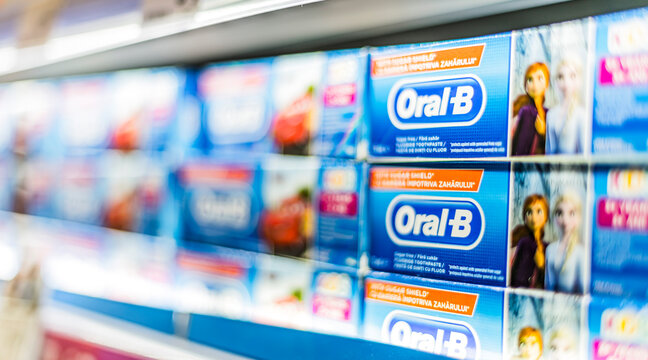 Oral-B toothpastes put up for sale in a supermarket