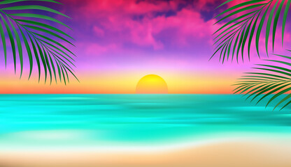 Fototapeta na wymiar Seascape sunset. Horizon. Sun dawn and sea water. Vacation sunrise background. Relaxing tropical beaches. Summer ocean abstract Vector illustration.