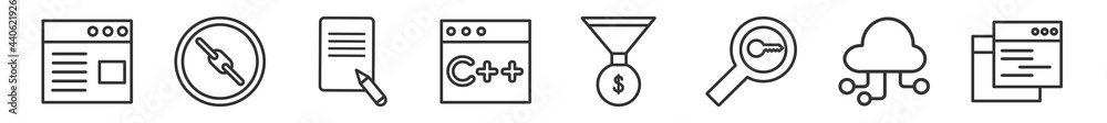 Poster outline set of programming line icons. linear vector icons such as web page, broken link, content, p