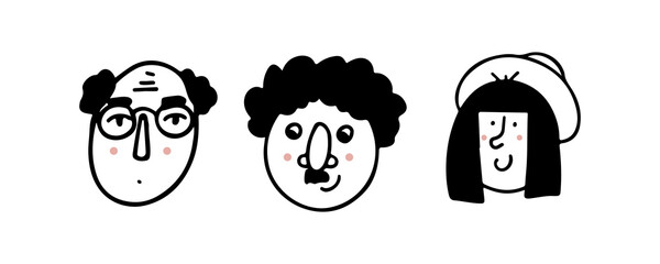 Set of human faces expressing positive emotions. Human faces with wide smiles. Set of cheerful people with happy facial expressions. Vector flat design illustrations isolated on white background.