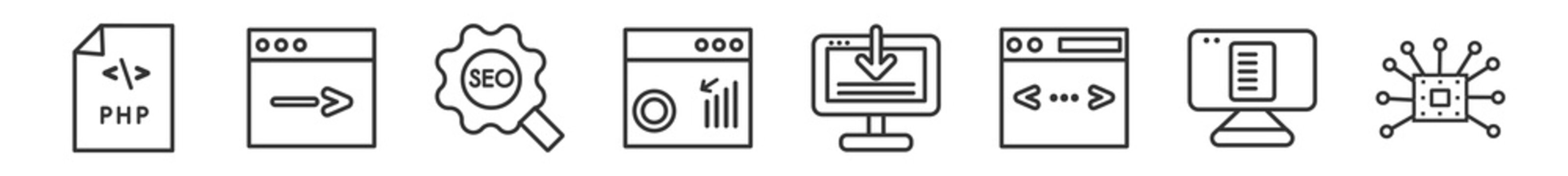 outline set of programming line icons. linear vector icons such as php, code terminal, seo configuration, seo ranking, landing page, api. vector illustration.