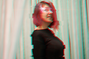 Cyber girl. Beautiful young woman, futuristic style. Image with glitch effect.