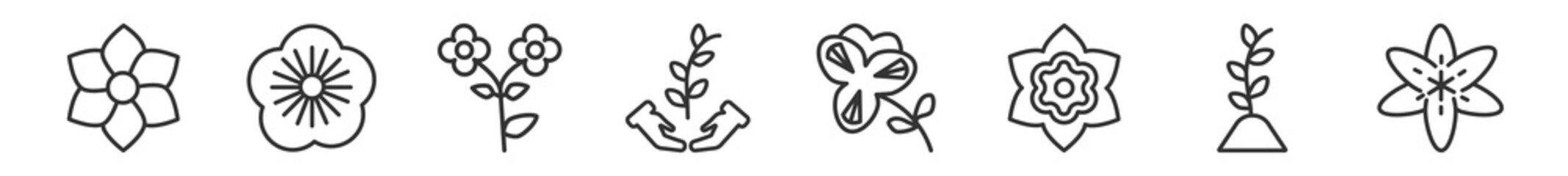 outline set of nature line icons. linear vector icons such as jasmine, geranium, wallflower, save nature, pansy, lily. vector illustration.