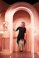 Beautiful women in cyber futuristic style is teleporting to destination.
