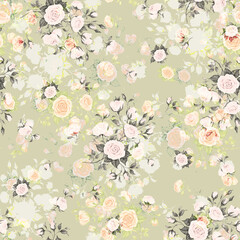Abstract floral seamless pattern drawn on paper with paints vintage roses