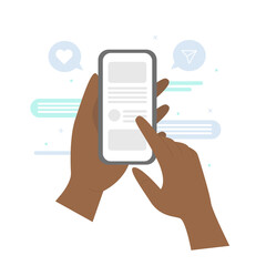 Hands holding cell phone with app design. Hand holding phone with short messages, chatting and checking social media. Vector flat illustration.