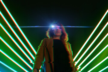Cyber girl. Beautiful young woman, futuristic style. Image with glitch effect.