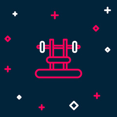 Line Bench with barbel icon isolated on blue background. Gym equipment. Bodybuilding, powerlifting, fitness concept. Colorful outline concept. Vector