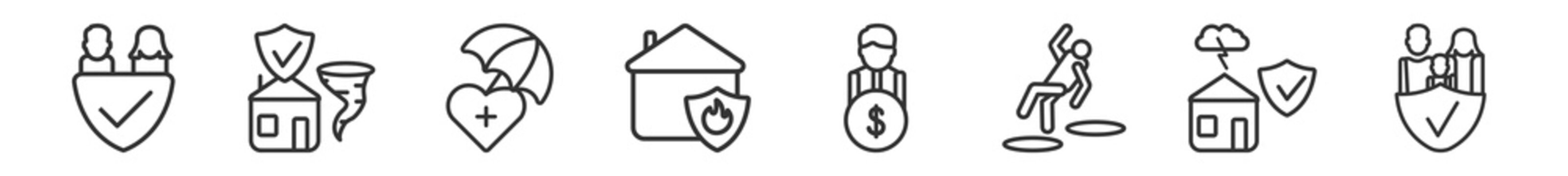 Outline Set Of Insurance Line Icons. Linear Vector Icons Such As Familiar Insurance, Insurance For Home Of Tornado, Life Fire Beneficiary, Family Vector Illustration.