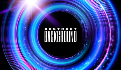 Blue sparkling light effects on dark background. Round shiny frame background. Circle Abstract Technology background.