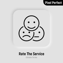 Rate the service, feedback, customer experience thin line icon. Positive, negative, neutral face. Pixel perfect, editable stroke. Vector illustration.