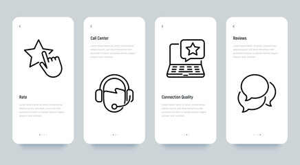 Testimonials mobile user interface with thin line icons set: rate, call canter, connection quality, reviews. Pixel perfect, editable stroke. Vector illustration.