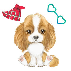 Puppy dog Cavalier King Charles Spaniel watercolor illustration, pet, cute animal, ginger dog