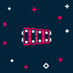 Line Xylophone - musical instrument with thirteen wooden bars and two percussion mallets icon isolated on blue background. Colorful outline concept. Vector