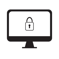 Vector computer icon symbol on white background. Computer is locked by password.