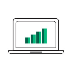 Vector computer laptop graph and chart in screen icon symbol on white background.