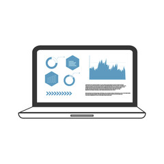 Vector computer laptop graph and chart in screen icon symbol on white background.