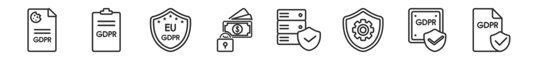 outline set of gdpr line icons. linear vector icons such as cookie, information, eu, income, data storage, gdpr. vector illustration.