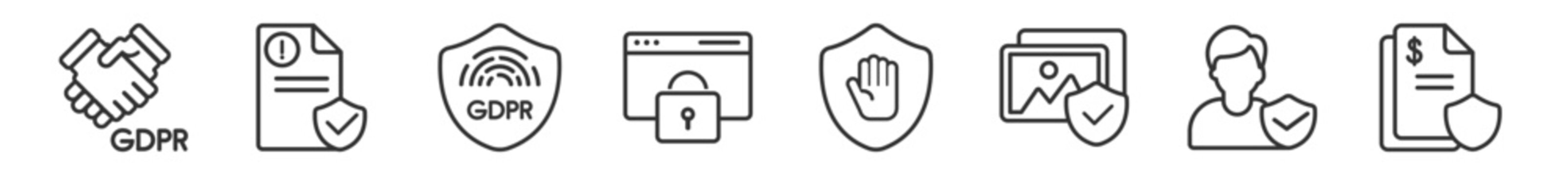 outline set of gdpr line icons. linear vector icons such as cooperation, complaint, fingerprint, website, right to objection, penalty. vector illustration.