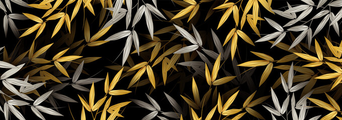 Realistic Golden Bamboo Leaves. Pattern with tropical leaf. Texture design for web banner, print, wallpaper. Vector illustration.