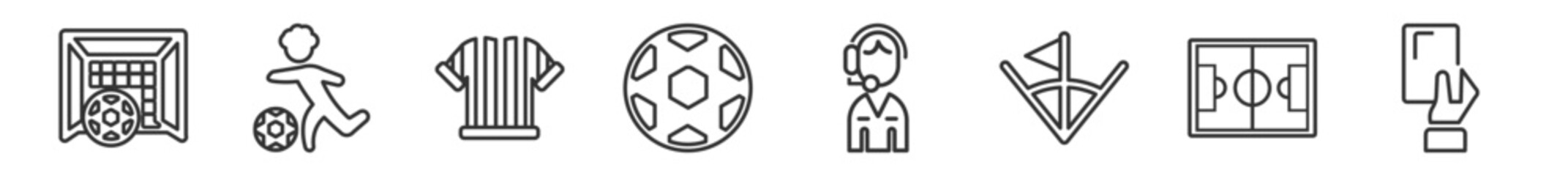 outline set of football line icons. linear vector icons such as soccer goal, player, referee jersey, soccer ball, commentator, card. vector illustration. © Digital Bazaar