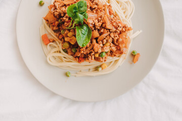 Homemade Spaghetti sauce with ground pork served in white dish.