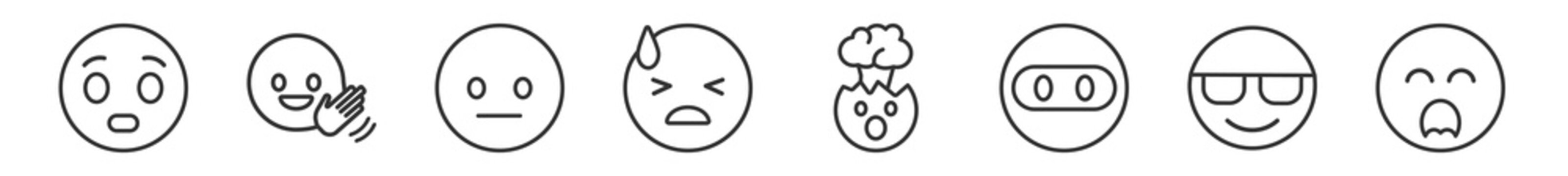 outline set of emoji line icons. linear vector icons such as surprised emoji, hello emoji, bo desperate exploding head yawning vector illustration.