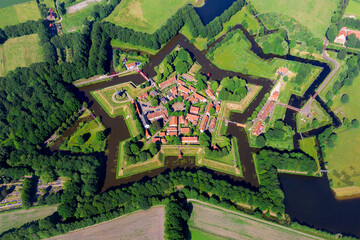 Fototapeta premium Aerial view from the drone of star-shaped Fort Bourtange, Groningen, The Netherlands