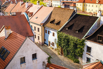 Obraz premium Top view on the green and small houses in old town in Cesky Krumlov, Czech Republic. 