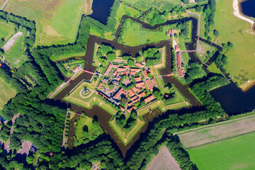 Aerial view from the drone of star-shaped Fort Bourtange, Groningen, The Netherlands