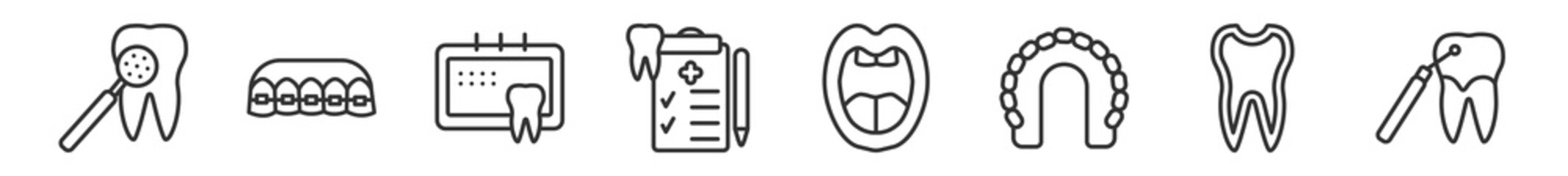 outline set of dentist line icons. linear vector icons such as mouth mirror, brackets, dental appointment, medical list, oral, scraping. vector illustration. © Digital Bazaar