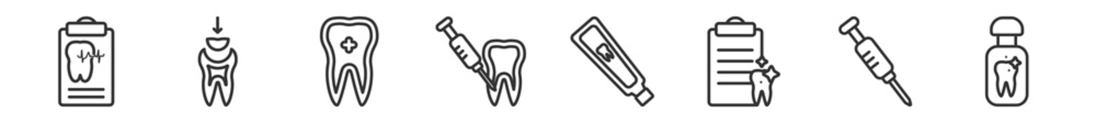 outline set of dentist line icons. linear vector icons such as health report, dental filling, dental, dental needle, toothpaste tube, mouth wash. vector illustration.