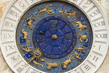 Astrological signs, zodiac symbols on St Mark's Clock Tower renaissance building on the the Piazza San Marco in Venice, Italy