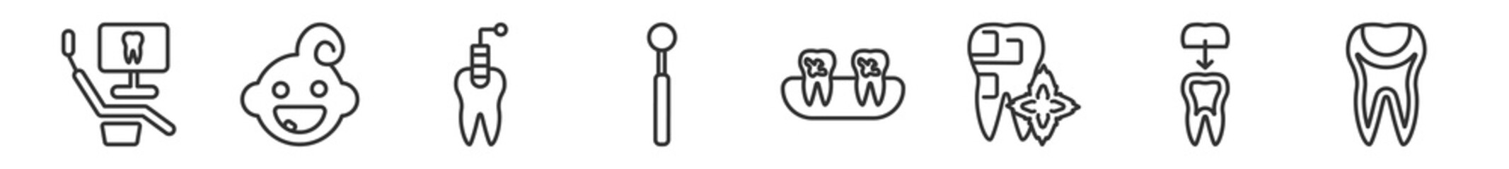 outline set of dentist line icons. linear vector icons such as dental monitor, baby dental, tampon, dentist mirror, dental plaque, tooth filling. vector illustration.