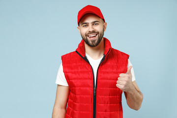 Professional fun delivery guy employee man in red cap white T-shirt vest uniform workwear work as...
