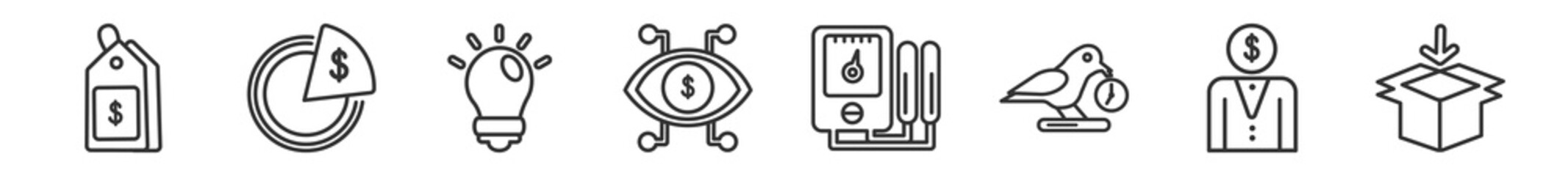 outline set of crowdfunding line icons. linear vector icons such as price tag, equity, creator, bionic contact lens, tester, packaging. vector illustration.