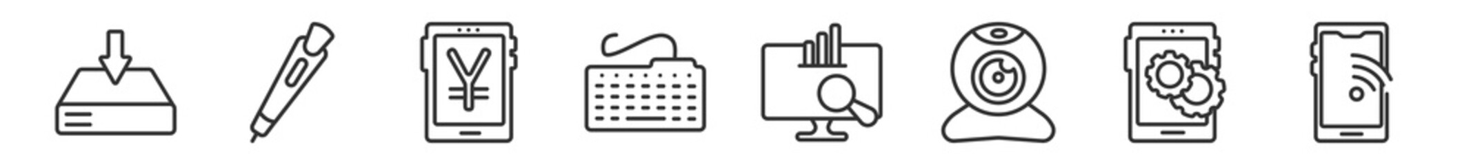 Fototapeta premium outline set of computer line icons. linear vector icons such as save file, 3d printing pen, yen currency on tablet screen, classroom keyboard, data analyser, wireless internet connection. vector