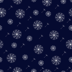 Seamless vector pattern of dandelions. White dandelions on a blue background.