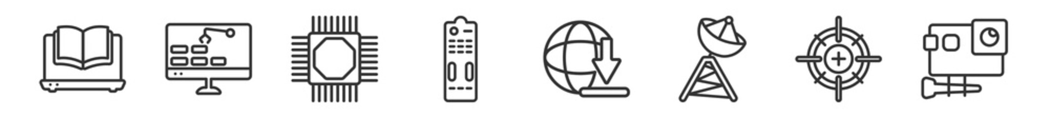 outline set of computer line icons. linear vector icons such as laptop educational tool, industrial, computer micro chip, tv controller, download from the net, action camera. vector illustration.
