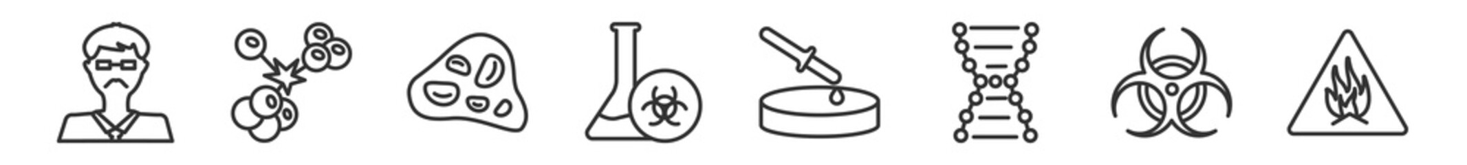 outline set of chemistry line icons. linear vector icons such as scientific, radiactive, cell, dangerous, petri dish, hazardous. vector illustration.
