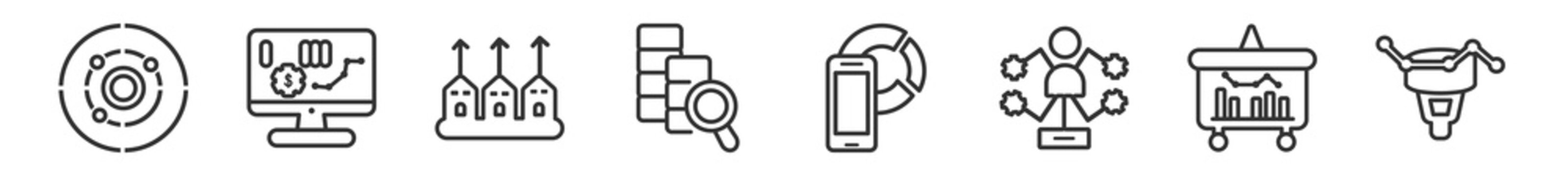 outline set of business and analytics line icons. linear vector icons such as radar chart, stock market, mortgage statistics, database analysing, circular graphic of mobile, funneling data. vector