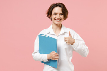 Young successful employee business woman corporate lawyer in classic white shirt work in office...