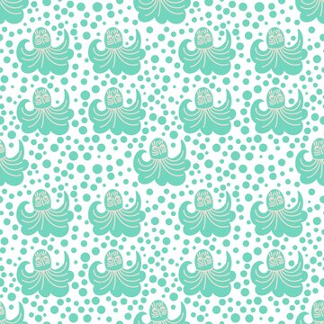 Seamless cartoon children pattern. Turquoise, blue and beige colors. Abstract white background. Designed for textile fabrics, wrapping paper, background, wallpaper cover.